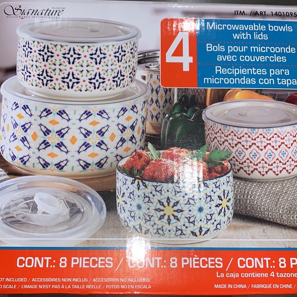 Signature Housewares Stoneware Microwavable Bowls with Lids 8-Piece - Picture 4 of 9